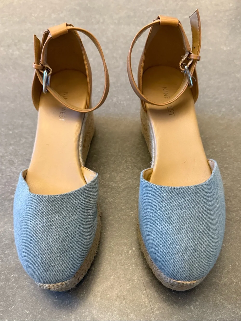 Nine West Light Blue and Tan Espadrille Wedge Sandals